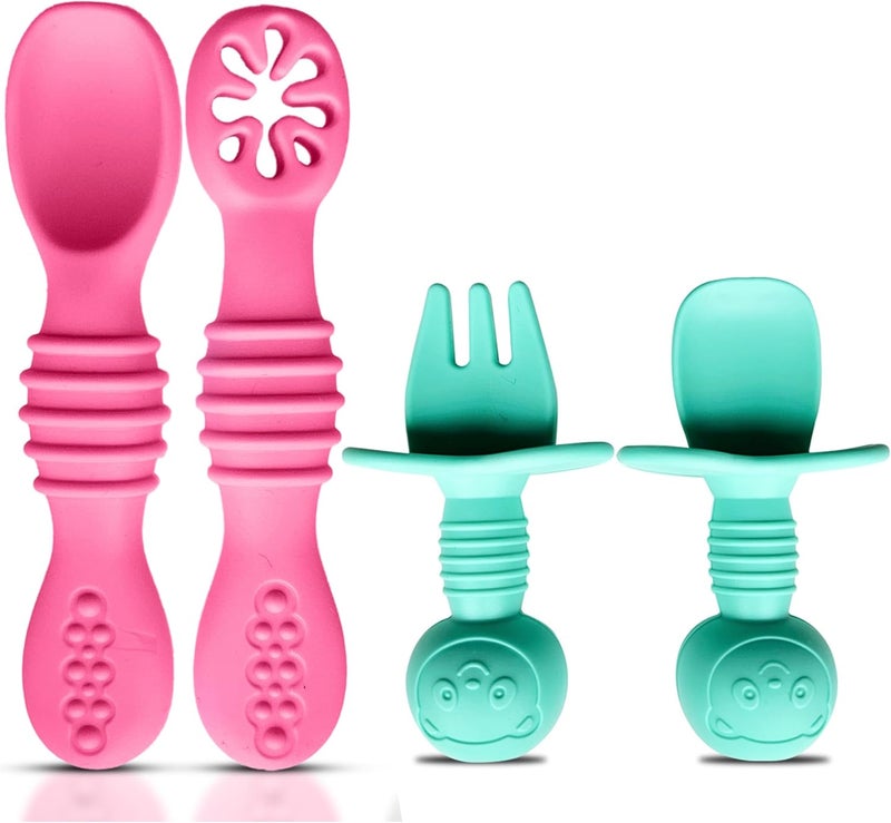 HippoBaby 4pc Silicone Baby Spoons Self Feeding Baby Utensils 6-12 Months - 3 Baby Spoon - 1 Baby Fork - Toddler Cutlery Set - BPA Free, Dishwasher Safe - Baby Eating Essentials (Pink/Blue) - Image 1
